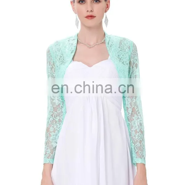 Stock Womens Ladies Long Sleeve Cropped Pale Turquoise Lace Shrug Bolero BP000049-3 photo-2
