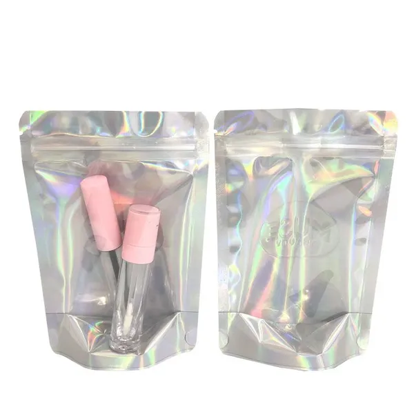 Hologram Mylar Cosmetic Glitter Powder Nail Polish Packaging Bags / Shinning Holographic Aluminum Foil Stand Up Pouch photo-3