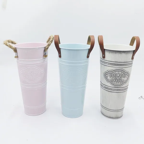 Farmhouse Tall Metal Flower Vase, Embossed Iron Bucket With Handles for Dried Floral Home Decor photo-2