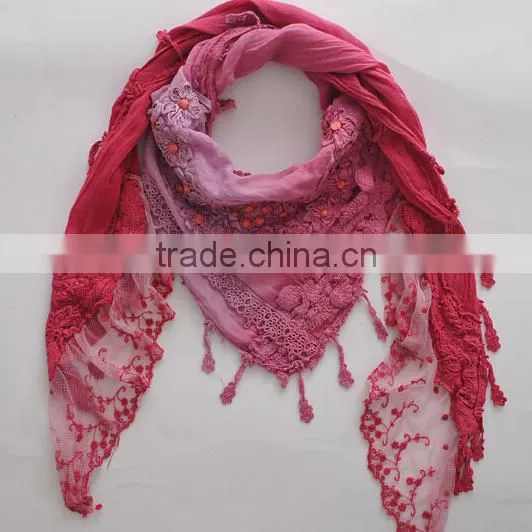Cotton Flower Plain Triangle Scarf With Short Tassel Fringe photo-5