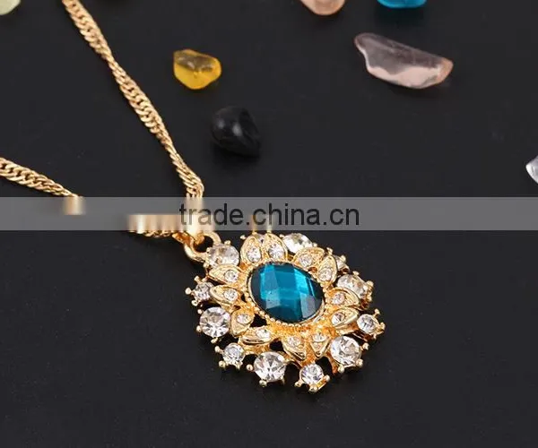 High Quality Big Green Stone Korea Wedding Necklace and Earring Sets Gold Jewellery photo-5