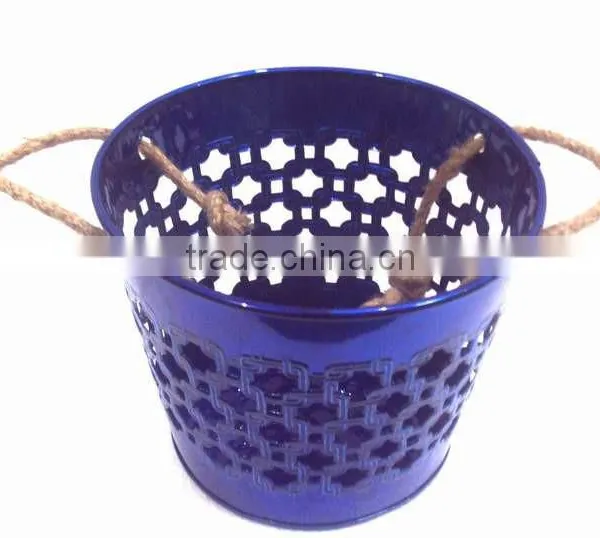 Blue Color Galvanized Metal Planter Pot With Jute Handle for Garden & Home photo-4