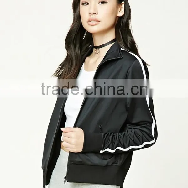 Wholesale Track Jackets Mock Neck Long Sleeve Contrast Stripe Ribbed Trim Running Sports Varsity Jacket Black Varsity Jacket photo-2