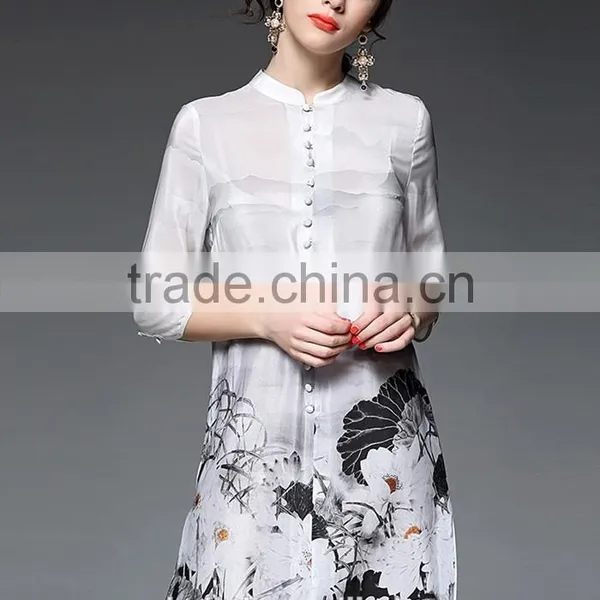 2016 Newest Summer Woman White Long Chinese Silk Shirts OEM Service photo-2