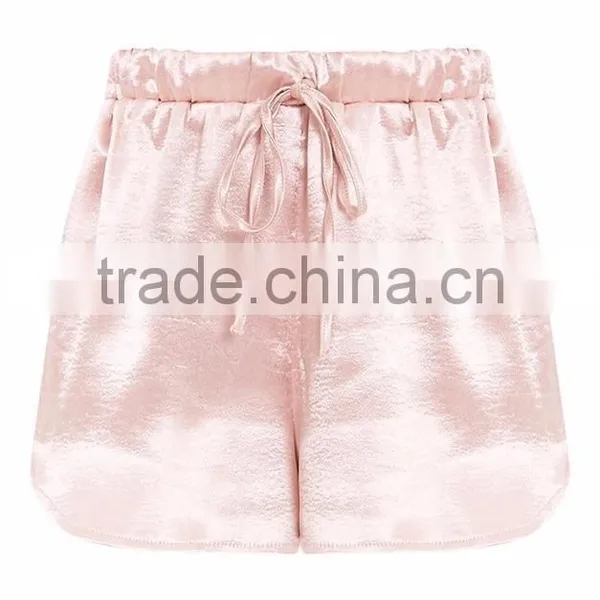 MGOO High Waist Plain Blush Satin Shorts With Drawstring Elastic Waist Hot Shorts photo-6