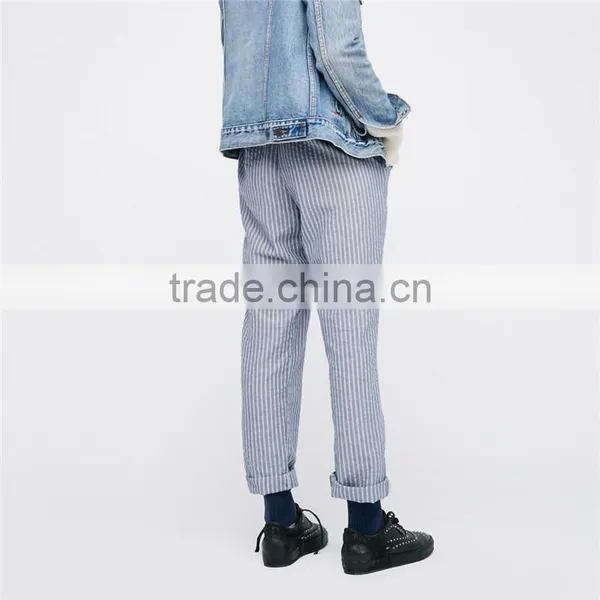 Ladies Navy Blue Jogger Pants Cotton-linen Wide Striped Trousers photo-3