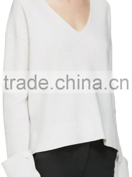 Women Wearing Sexy Design V Neck Blank White Sweater With Rolled Cuffs With Buttons photo-2