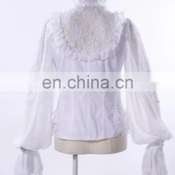 Gothic Ruffled Front High Neck Blouse With See-through Floral Lace Details and Wide Puffed Sleeves photo-3