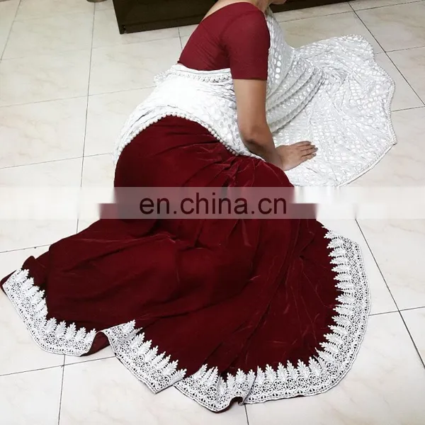 RED & IVORY VELVET SAREE photo-2