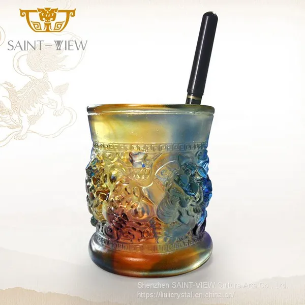Colored Glaze Fancy Business Gift Auspicious Lions Animal Home Decor Pen Holder Desktop Display Rack Stand photo-5