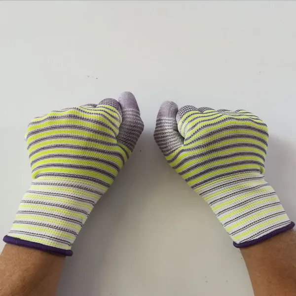 Zebra Wave White&purple&yellow Polyester 13 Gauge Knitted pu Palm Coated Anti-static Safety Work Gloves for Light Industrial Workers photo-5