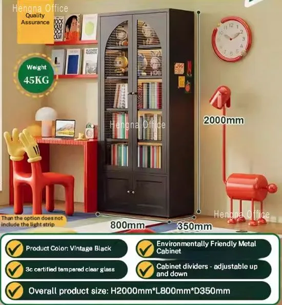 Vintage Metal Glass Bookcase With Curved Glass Door for Study Room | 3C Certified Tempered Glass & Adjustable Shelves photo-2