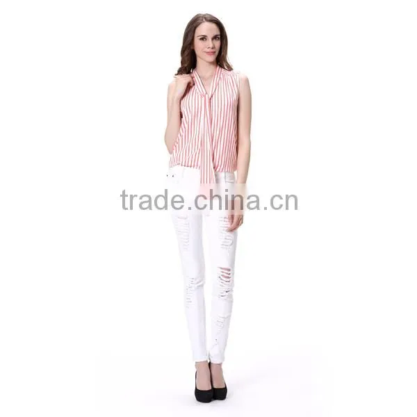 Lady Fashion Pink Striped Printed Tie Sleeveless Tops photo-2
