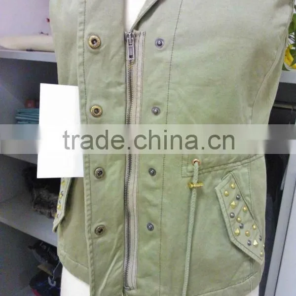 100% Cotton Twill Enzyme Wash Ladies' Casual Sleeveless Vest / Waistcoat With Cotton Lining and Shiny Rivets photo-4