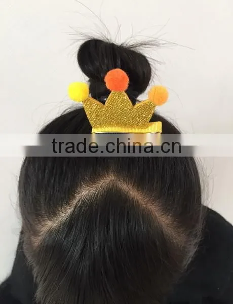 China New Design Cute no Slip Princess Crown Polyester Hair Clips Fabric Hairpin With Sequin Pompon for Bulk Boutique photo-5