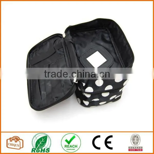 Double Layer Cosmetic Bag Black With White Dot Travel Toiletry Cosmetic Makeup Bag Organizer With Mirror photo-3