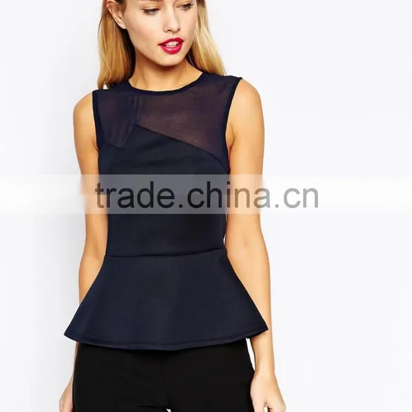 New Design Crew Neckline Peplum Top With Mixed Fabric photo-2