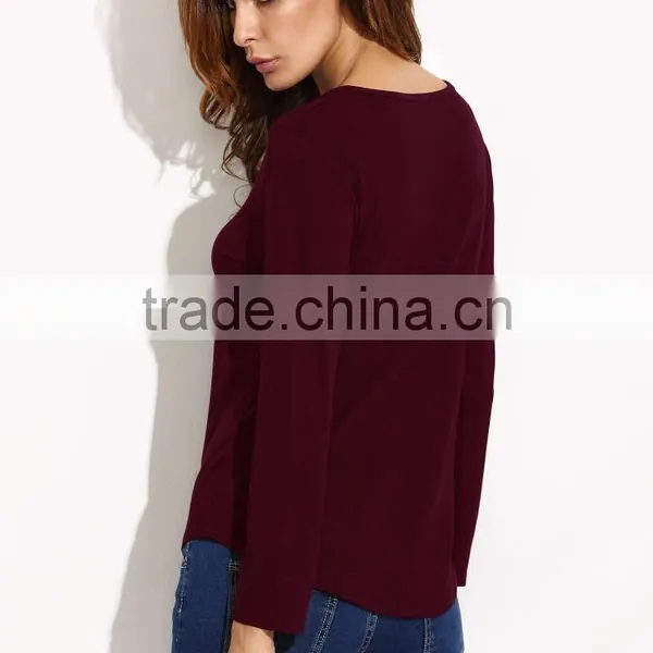 WOMEN'S APPAREL Burgundy Lace Up Long Sleeve T-shirt photo-4
