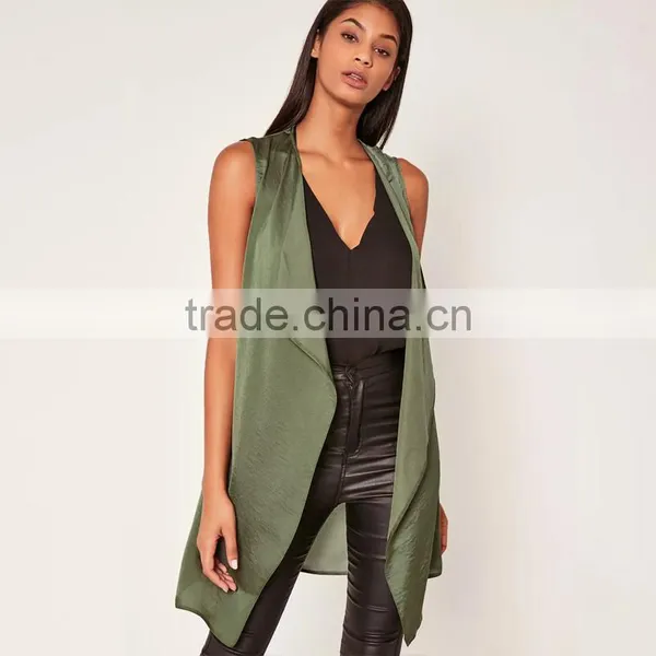 Light Weight Crepe Sleeveless Cardigan Women's Khaki Green Waistcoat photo-2