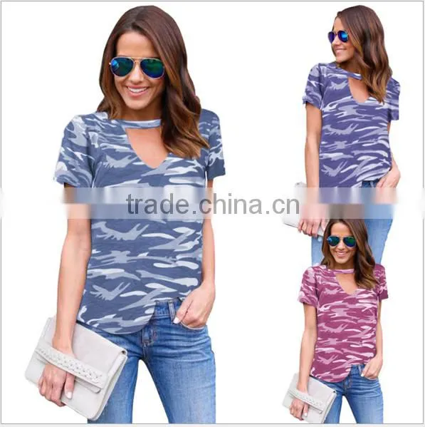 Fashion Camouflage Round Collar Short Sleeve Sexy Hollow Out photo-2