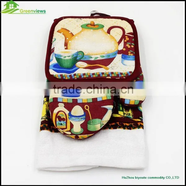 3pcs T/C Towel Set Fancy Potholder Glove Cheap Towels Printed Towel Set photo-3
