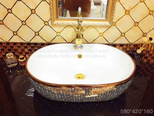 Chinese Bathroom Wash Oval Gold Plated Art Basin Ceramic High Quality Modern Countertop Art Wash Basin Sink in Hotel photo-3