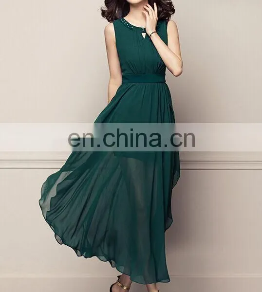 Green Pleats Ruffle Bottom Sleeveless Chiffon Long Skirt photo-2
