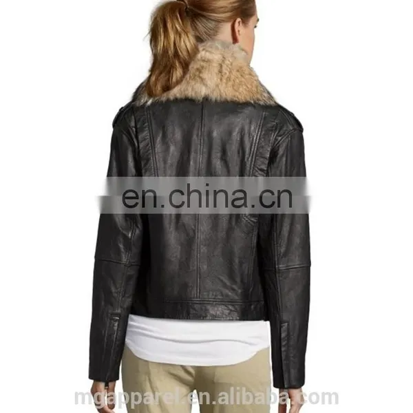Black Leather Fur Collar Asymmetrical Zip Motorcycle Jacket Woman Coat photo-4