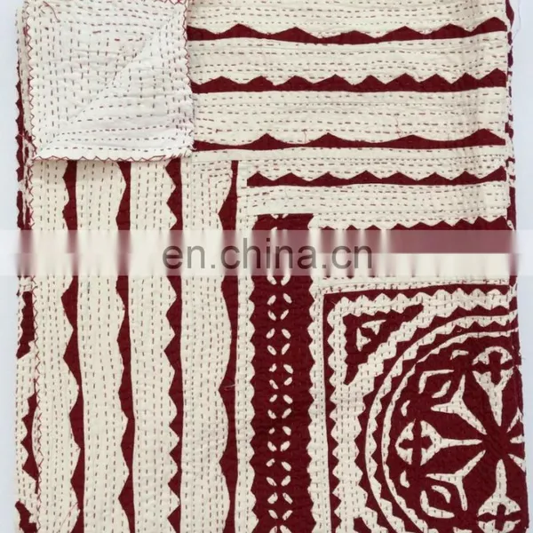 Indian Wholesaler Gold Member Hot Selling Maroon Cut Work Applique Kantha Quilt photo-4