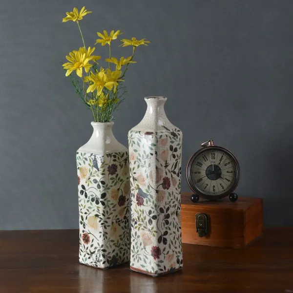 American Countryside Retro Style Hand Made Firm Squre Ceramic Vase For Study Decor photo-4