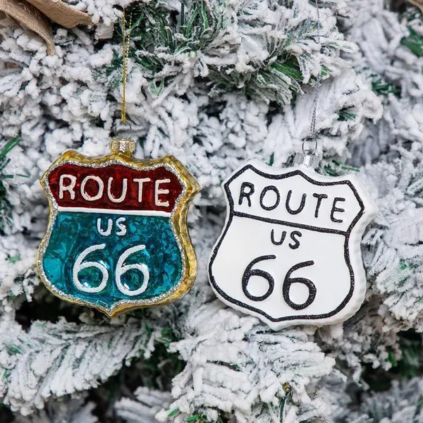 Wholesale Price Personalized Xmas Hanging Ornaments Custom Hand Blown Glass USA Route 66 Highway Signs Christmas Tree Decorations Factory