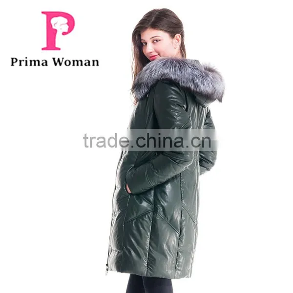 Winter Women Medium Length Slim Fit Leather Coat With Silver Fox Hat Overcoat photo-3