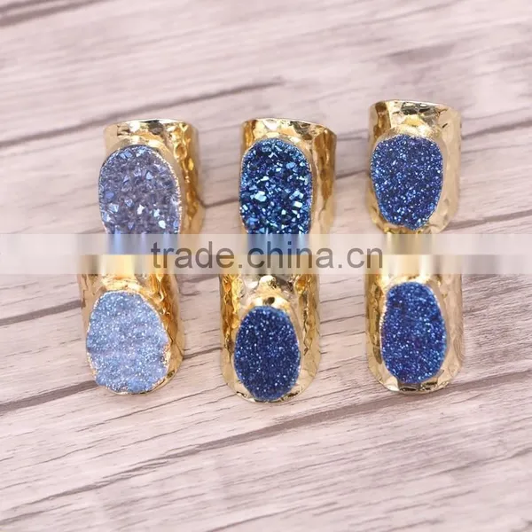 Gold Plated Natural Blue Agate Titanium Druzy Ring Freeform Drusy Gemstone Geode Jewelry Ring photo-4