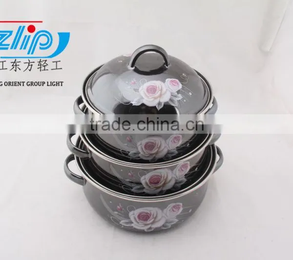16-20cm 3 Pcs Enamel Casserole With Cover Dark Color Beautiful Decal photo-2