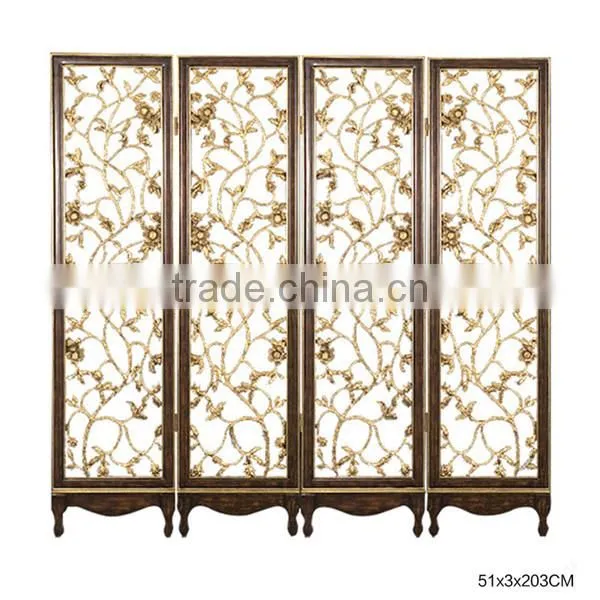 Elegant Gilt Wooden Floor Screen, Gold Painted Flower & Bird Four Panel Folding Screen, Curio Classic Furniture Decor Screen photo-2