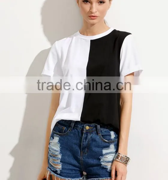 OEM Simple Black and White Block O Neck T Shirt for Women LC8293 photo-2