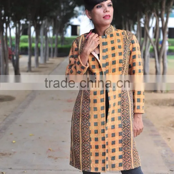 Vintage Kantha Long Jacket in Burnt Orange & Black ~ Medium photo-4
