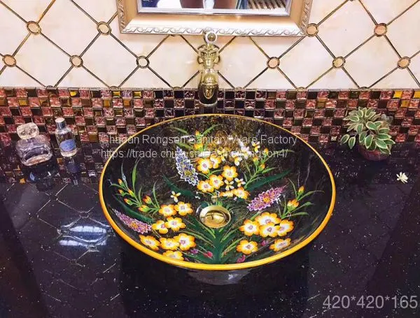 Yellow Ceramic Hand Wash Basin Square Single Hole Tabletop Bathroom Wash Basin Sink With Hand Paint Fancy Design photo-2