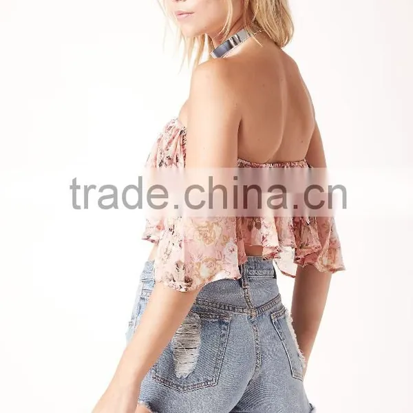 Designer Western Tops Images Women Off Shlouder Pink Floral Pattern Ruffle Crop Tops photo-4