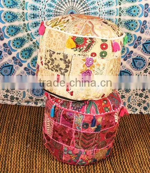 Indian Pouf Ari Patchwork Cottom Ottoman Cover Bean Bag Chair Ethnic Seating Cushion Room Decor Idea Bohemian Poof Pouffe photo-2