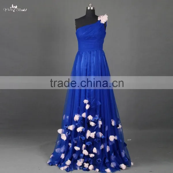 RSE661 One Shoulder Petals And Floras Flowing Skirt Royal Blue Long Teen Prom Dresses photo-5
