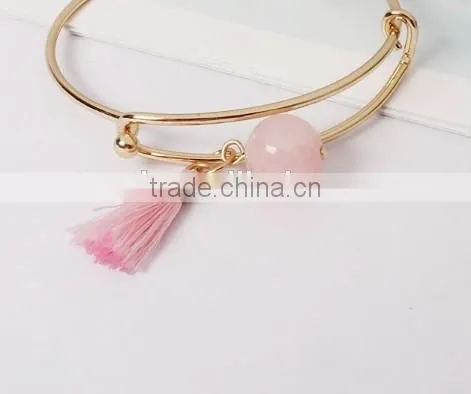 Pink Crystal Quartz and Tassel Gold Wire Bangle Natural Stone Gold Wire Bangle photo-4