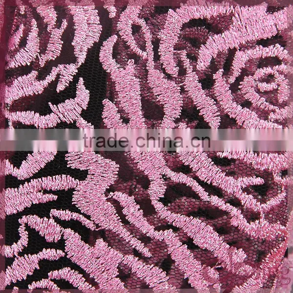 Pink Roset Embroidery Lace Fabric, Silver Metallic Mesh Lace Embroidery photo-4