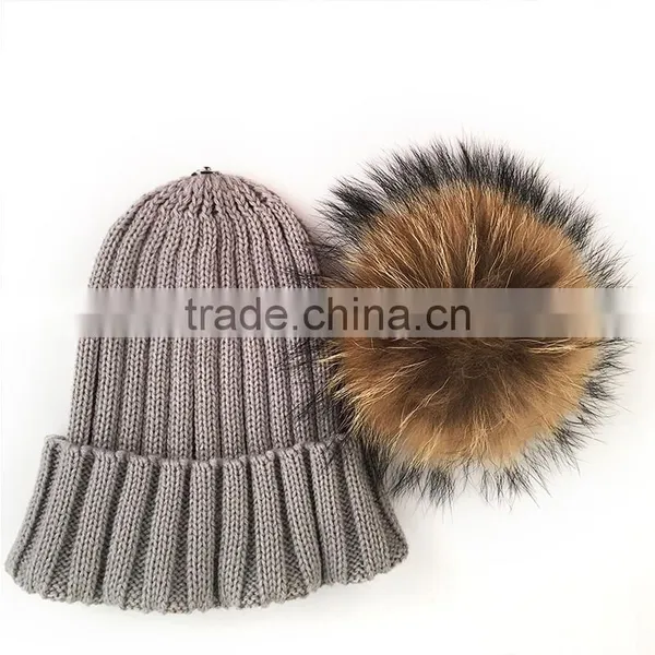 Myfur Newest Real Raccoon Fur Bobble Winter Knitting Wool Beanie Cap photo-3