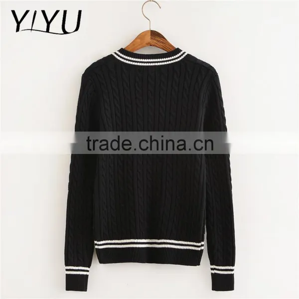 OEM Service Women White Stripes V-neck School Uniform Cable Knit Sweater photo-4