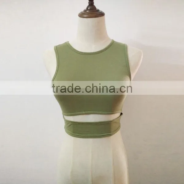 Cotton Crop Top Tank Top Hollow Plain Dyed Solid Army Green Sold By PC photo-2