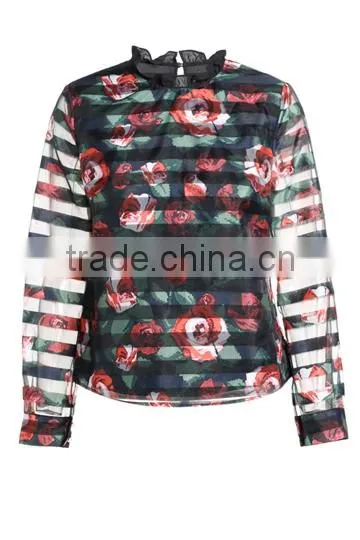 New Female Perspective Stripe Flower Print Loose Long-sleeved Shirt photo-2