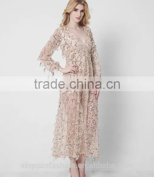 New Long Sleeves Deep V Sexy Dress Net Yarn Tassel Sequins Pictures of Long Skirts Ladies Formal Skirt and Blouse photo-3