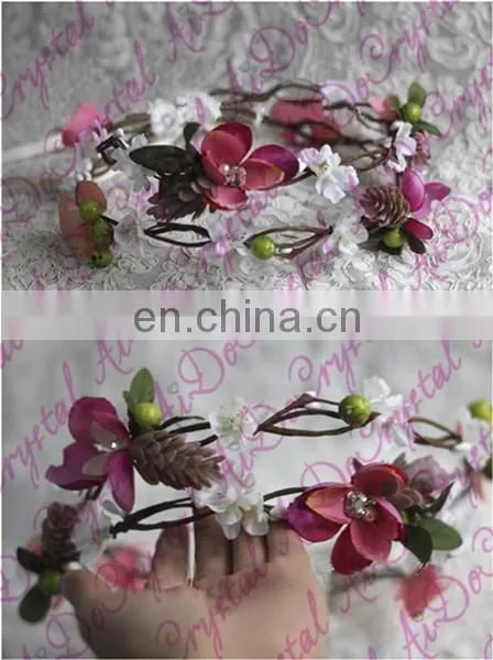 Aidocrystal Pink Goddess Flower Crown With Lace Bridal Wedding Party Hair Accessories photo-4