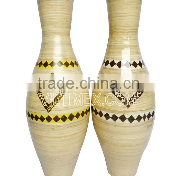 Vietnam Spun Bamboo and Coconut Vase, Handicraft Bamboo Vase With Natural Color
